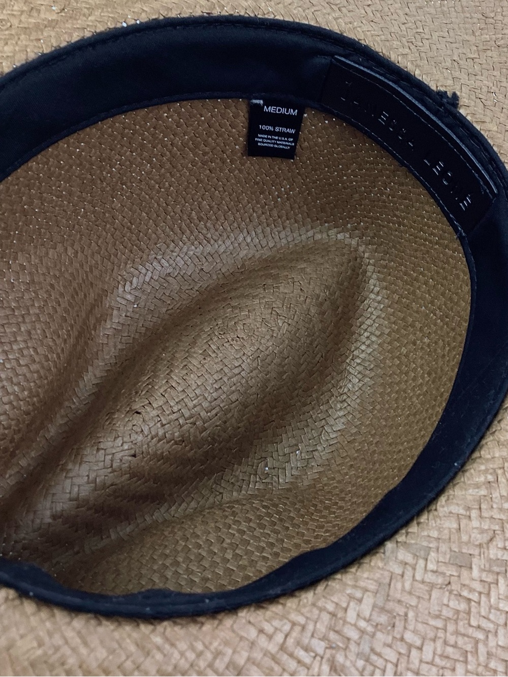 Janessa Leone Light Brown Straw Fedora Hat with natural leather band. Medium - Picture 5 of 6